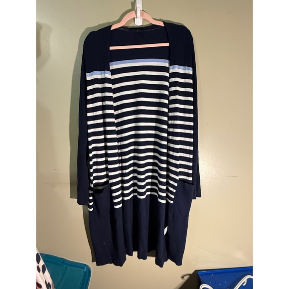 Yest Sweaters - Yest Navy Blue White Striped Longline Open Front Cardigan Duster Pockets Size 12